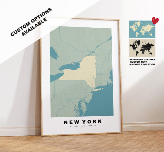 New York State Map Print - Personalised Map Gift - Framed or Canvas Options Available - Custom Text Options - Personalised Gift - US States & Islands