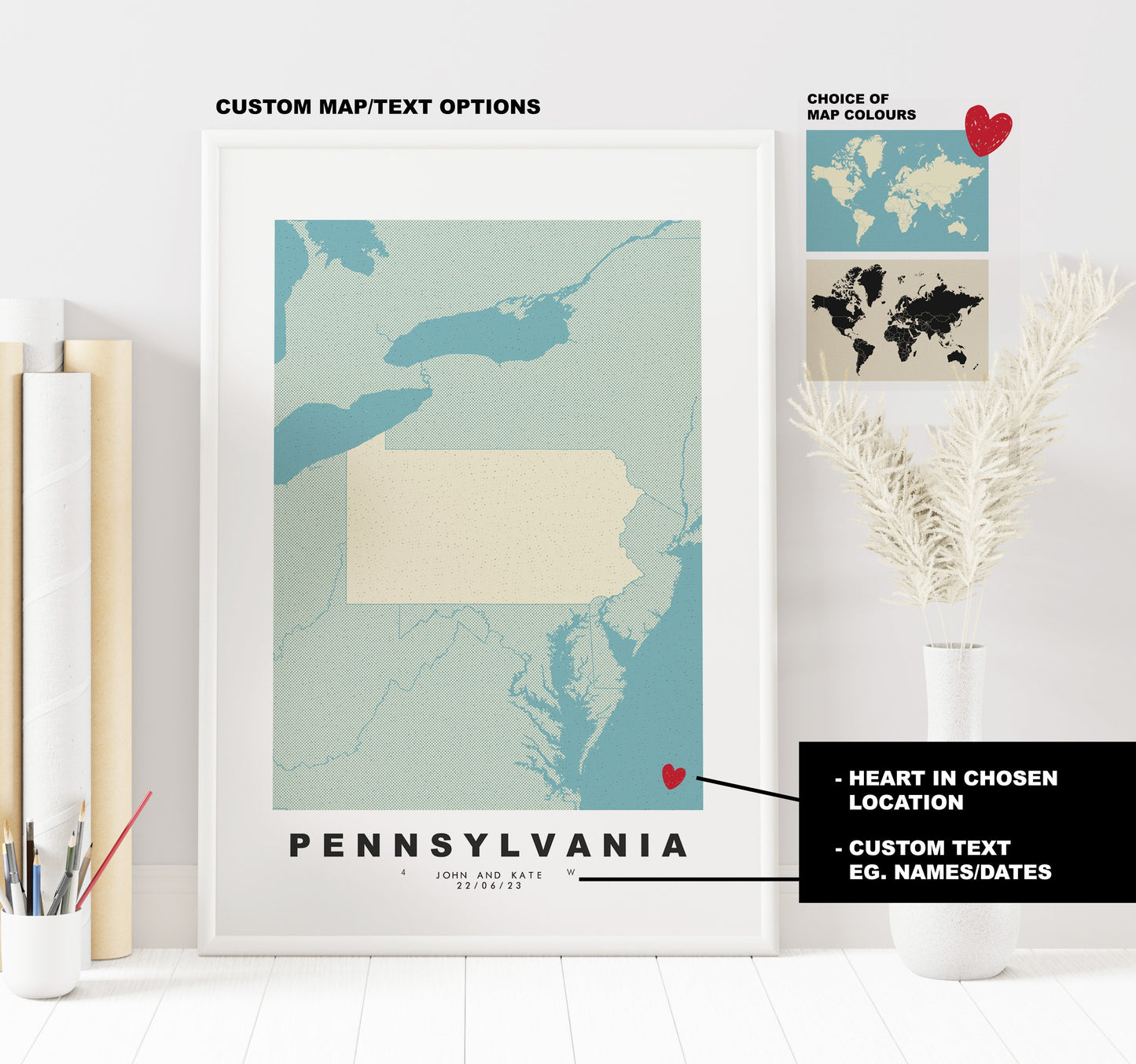 Pennsylvania Map Print - Personalised Map Gift - Framed or Canvas Options Available - Custom Text Options - Personalised Gift - US States & Islands