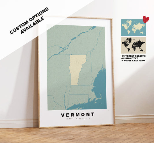 Vermont Map Print - Personalised Map Gift - Framed or Canvas Options Available - Custom Text Options - Personalised Gift - US States & Islands