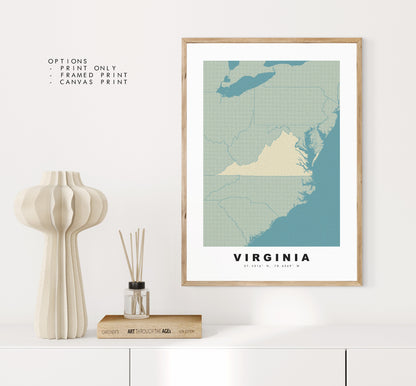 Virginia Map Print - Personalised Map Gift - Framed or Canvas Options Available - Custom Text Options - Personalised Gift - US States & Islands