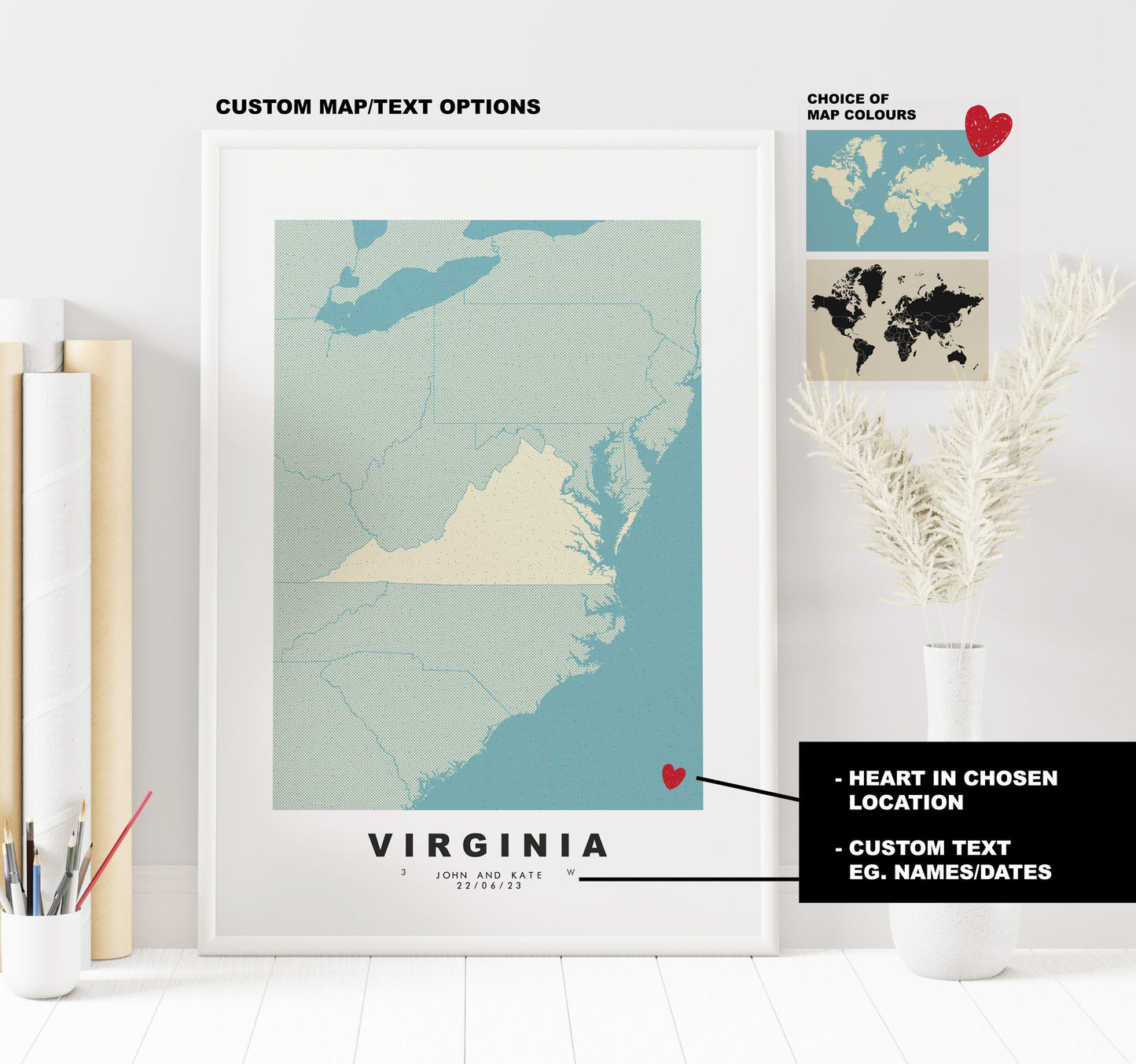 Virginia Map Print - Personalised Map Gift - Framed or Canvas Options Available - Custom Text Options - Personalised Gift - US States & Islands