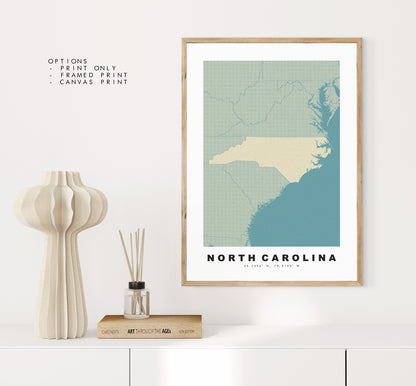 North Carolina Map Print - Personalised Map Gift - Framed or Canvas Options Available - Custom Text Options - Personalised Gift - US States & Islands