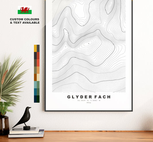 Glyder Fach Print - Contour Map - Snowdonia - Wales - Topographic Map - Print - Poster - Wall Art - Glyder Fach Poster - Relief Map