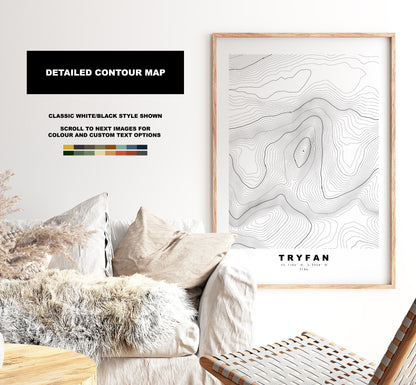 Tryfan Print - Contour Map - Snowdonia - Wales - Topographic Map - Print - Poster - Wall Art - Tryfan Poster - Contour Map - Topography