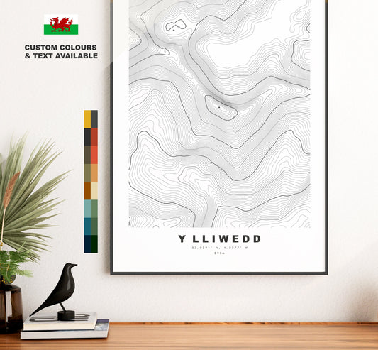 Y Lliwedd Print - Contour Map - Snowdonia - Wales - Topographic Map - Print - Poster - Wall Art -  Y Lliwedd Poster - Gift - Topography