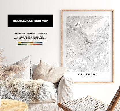 Y Lliwedd Print - Contour Map - Snowdonia - Wales - Topographic Map - Print - Poster - Wall Art -  Y Lliwedd Poster - Gift - Topography