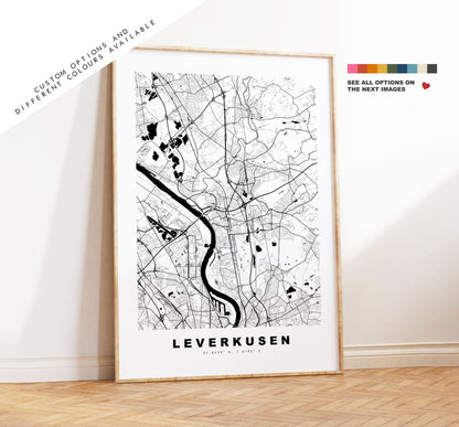 Leverkusen Map Print - City Map Poster - Map Wall Art - Germany City Maps - Leverkusen Print - Leverkusen Poster - Minimalist City Map