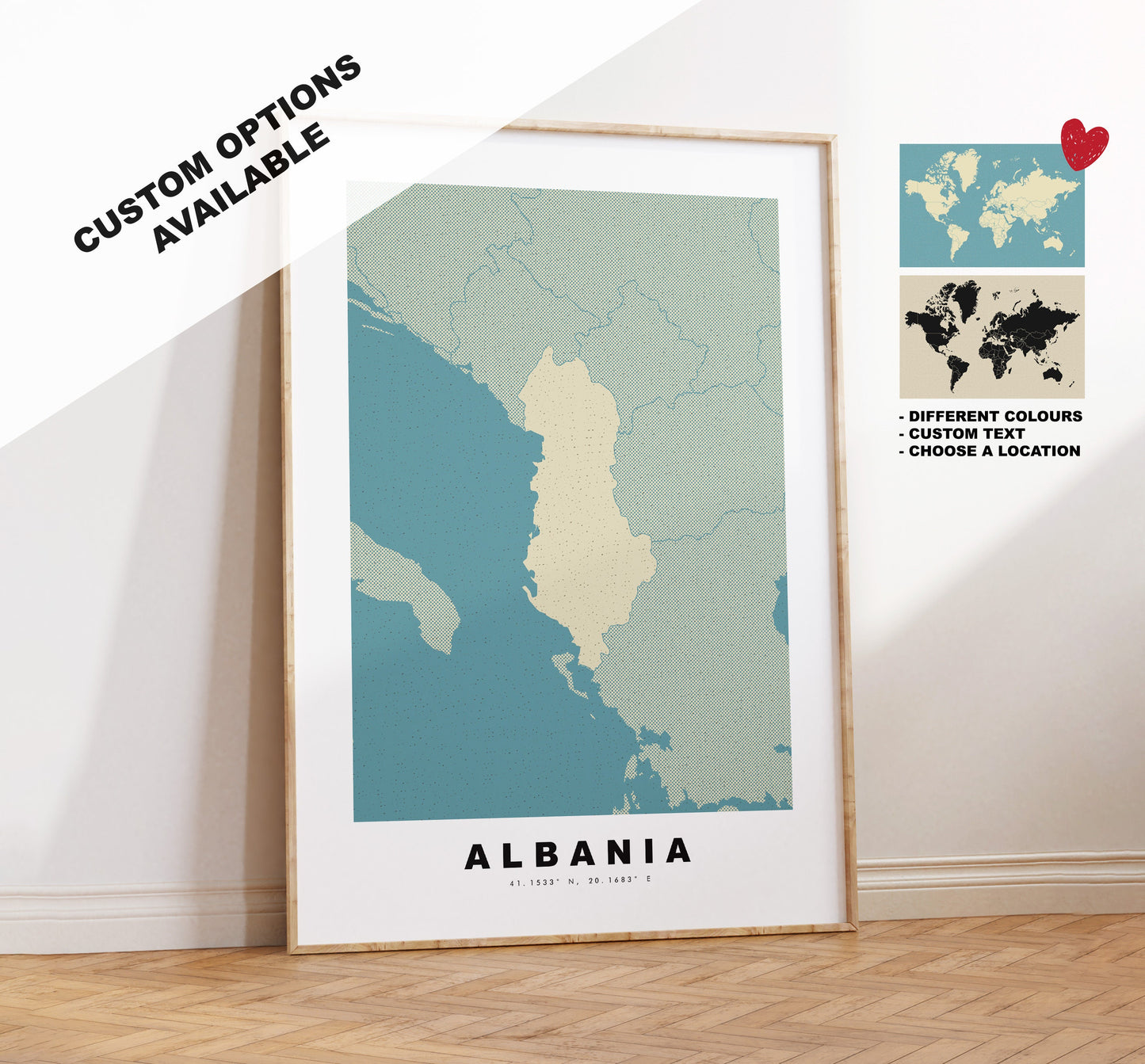 Albania Map Print - Personalised Map Gift - Framed or Canvas Options Available - Custom Text Options - Personalised Gift - Europe