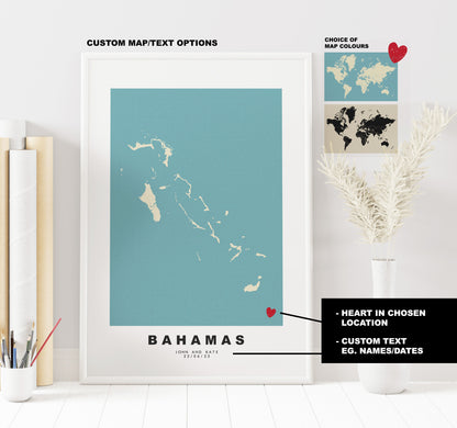 Bahamas Map Print - Personalised Map Gift - Framed or Canvas Options Available - Custom Text Options - Personalised Gift - Caribbean