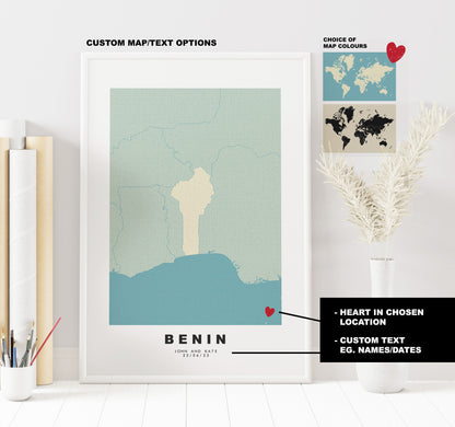 Benin Map Print - Personalised Map Gift - Framed or Canvas Options Available - Custom Text Options - Personalised Gift - Africa