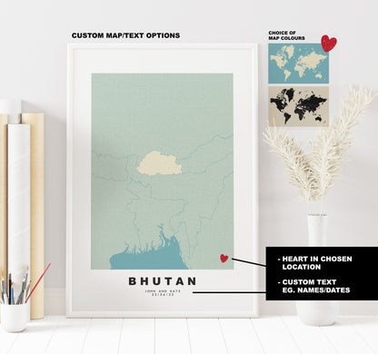 Bhutan Map Print - Personalised Map Gift - Framed or Canvas Options Available - Custom Text Options - Personalised Gift - Asia