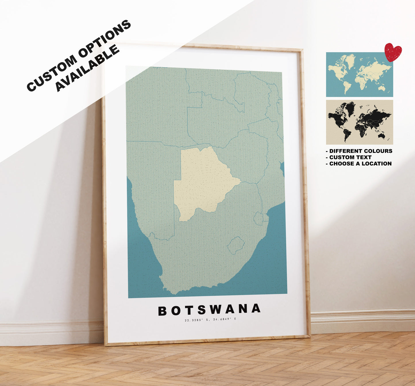 Botswana Map Print - Personalised Map Gift - Framed or Canvas Options Available - Custom Text Options - Personalised Gift - Africa