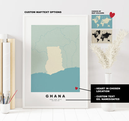 Ghana Map Print - Personalised Map Gift - Framed or Canvas Options Available - Custom Text Options - Personalised Gift - Africa