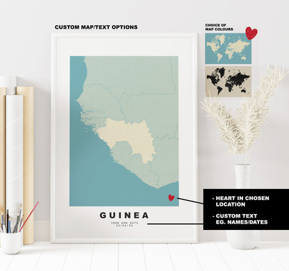 Guinea Map Print - Personalised Map Gift - Framed or Canvas Options Available - Custom Text Options - Personalised Gift - Africa