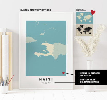 Haiti Map Print - Personalised Map Gift - Framed or Canvas Options Available - Custom Text Options - Personalised Gift - Caribbean