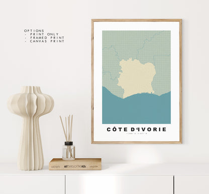 Ivory Coast Map Print - Personalised Map Gift - Framed or Canvas Options Available - Custom Text Options - Personalised Gift - Africa