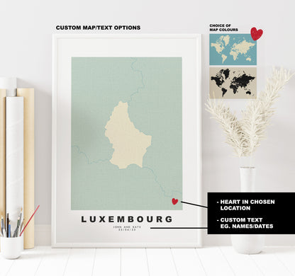 Luxembourg Map Print - Personalised Map Gift - Framed or Canvas Options Available - Custom Text Options - Personalised Gift - Europe