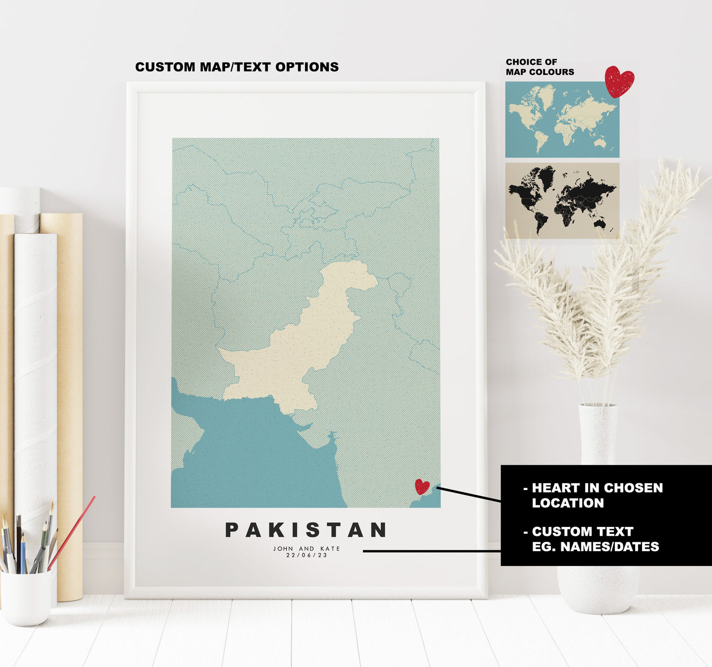 Pakistan Map Print - Personalised Map Gift - Framed or Canvas Options Available - Custom Text Options - Personalised Gift - Asia