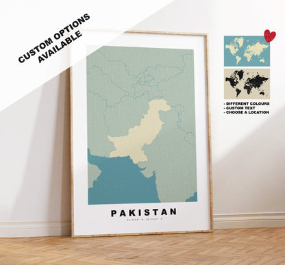 Pakistan Map Print - Personalised Map Gift - Framed or Canvas Options Available - Custom Text Options - Personalised Gift - Asia