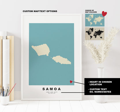 Samoa Map Print - Personalised Map Gift - Framed or Canvas Options Available - Custom Text Options - Personalised Gift - Oceania