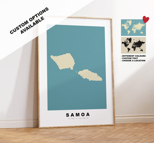 Samoa Map Print - Personalised Map Gift - Framed or Canvas Options Available - Custom Text Options - Personalised Gift - Oceania