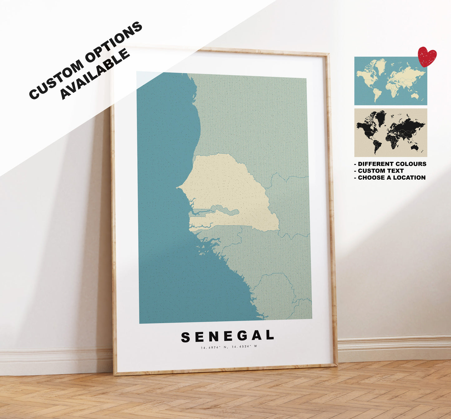 Senegal Map Print - Personalised Map Gift - Framed or Canvas Options Available - Custom Text Options - Personalised Gift - Africa