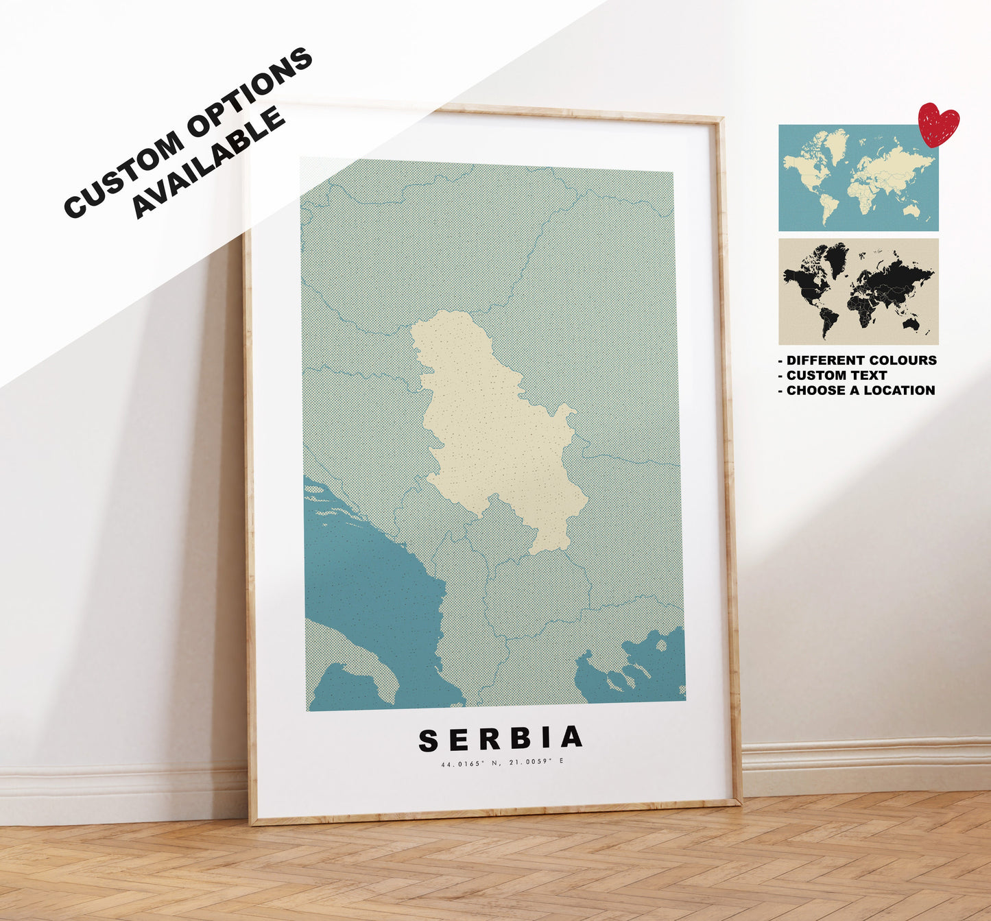 Serbia Map Print - Personalised Map Gift - Framed or Canvas Options Available - Custom Text Options - Personalised Gift - Europe