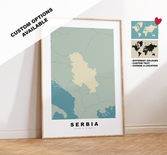 Serbia Map Print - Personalised Map Gift - Framed or Canvas Options Available - Custom Text Options - Personalised Gift - Europe