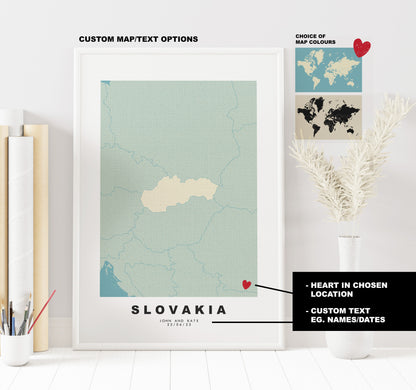 Slovakia Map Print - Personalised Map Gift - Framed or Canvas Options Available - Custom Text Options - Personalised Gift - Europe