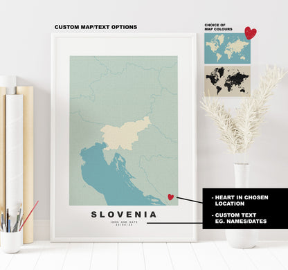 Slovenia Map Print - Personalised Map Gift - Framed or Canvas Options Available - Custom Text Options - Personalised Gift - Europe