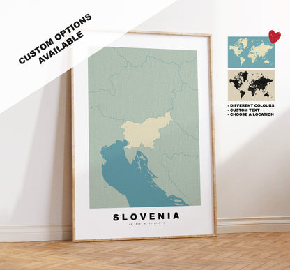 Slovenia Map Print - Personalised Map Gift - Framed or Canvas Options Available - Custom Text Options - Personalised Gift - Europe