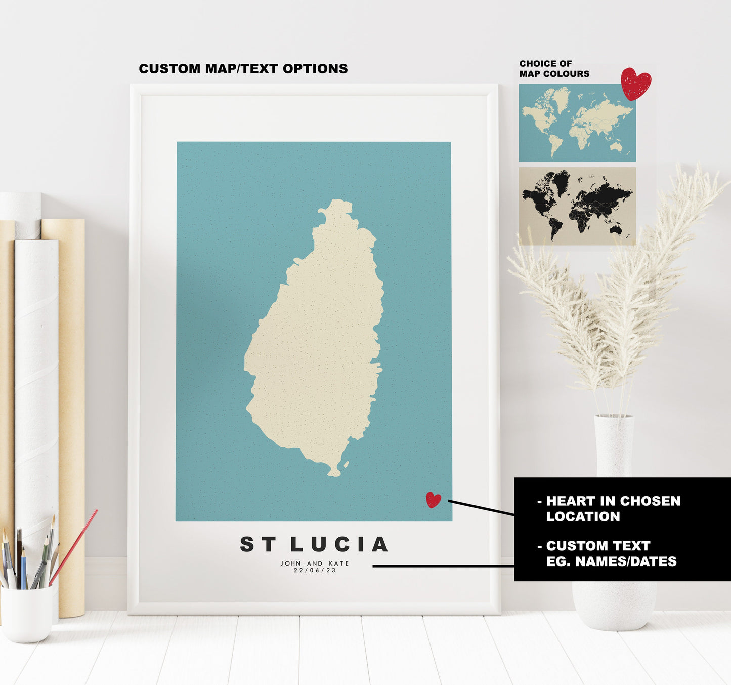 Saint Lucia Map Print - Personalised Map Gift - Framed or Canvas Options Available - Custom Text Options - Personalised Gift - Caribbean