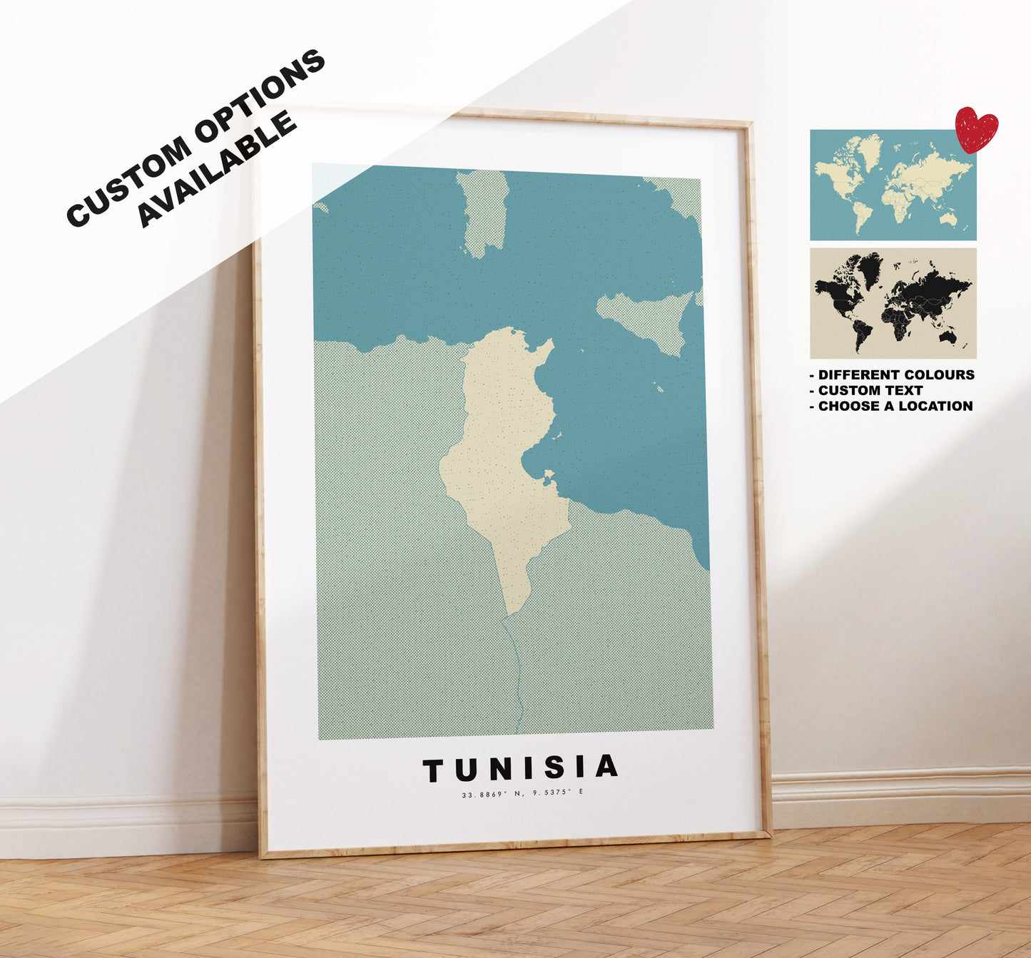 Tunisia Map Print - Personalised Map Gift - Framed or Canvas Options Available - Custom Text Options - Personalised Gift - Africa