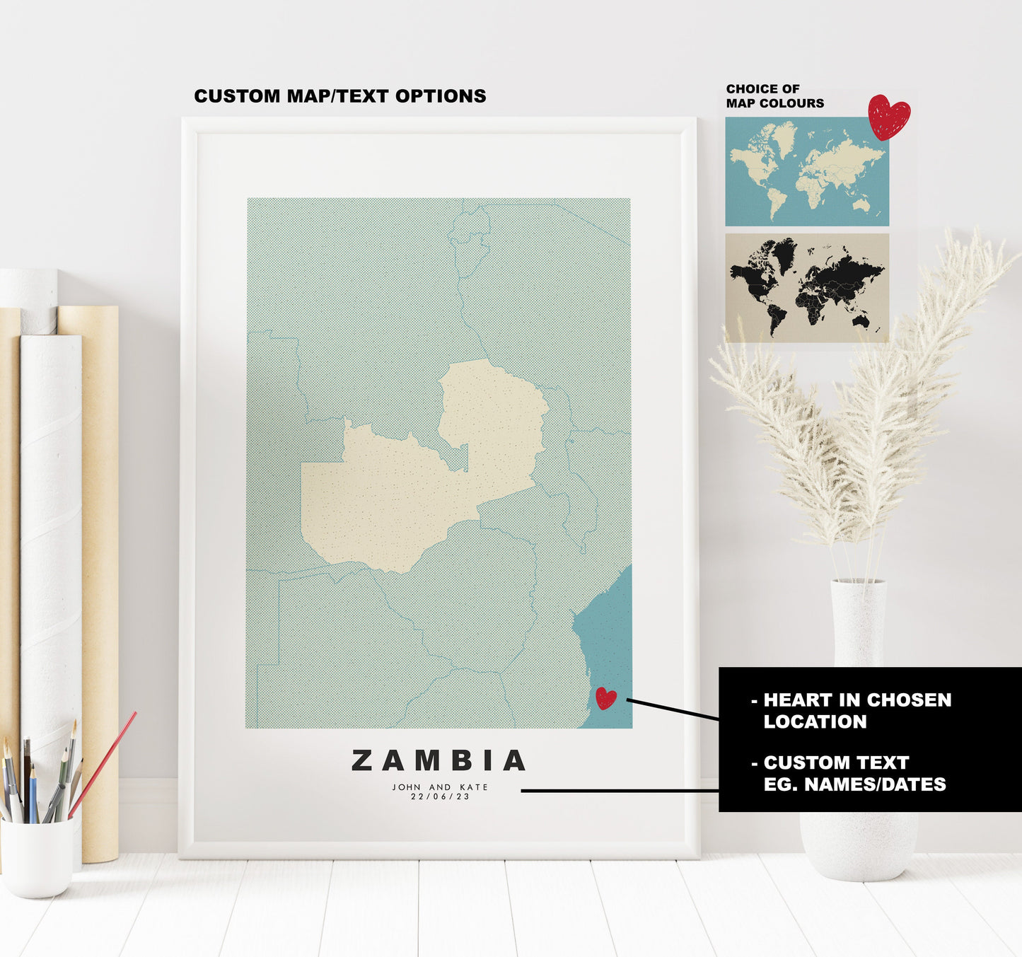 Zambia Map Print - Personalised Map Gift - Framed or Canvas Options Available - Custom Text Options - Personalised Gift - Africa