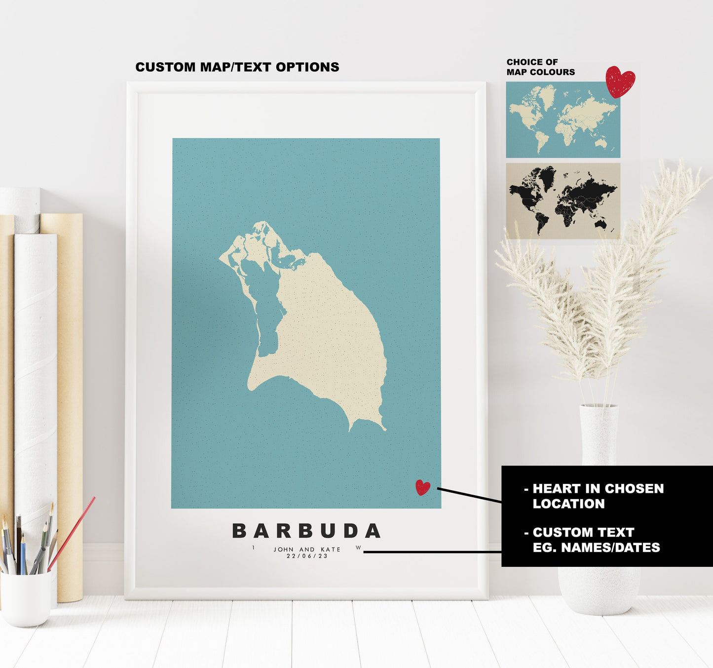 Barbuda Map Print - Personalised Map Gift - Framed or Canvas Options Available - Custom Text Options - Personalised Gift - Caribbean