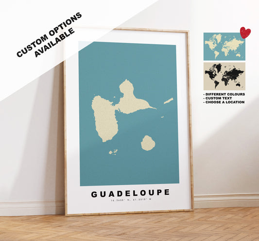 Guadeloupe Map Print - Personalised Map Gift - Framed or Canvas Options Available - Custom Text Options - Personalised Gift - Caribbean