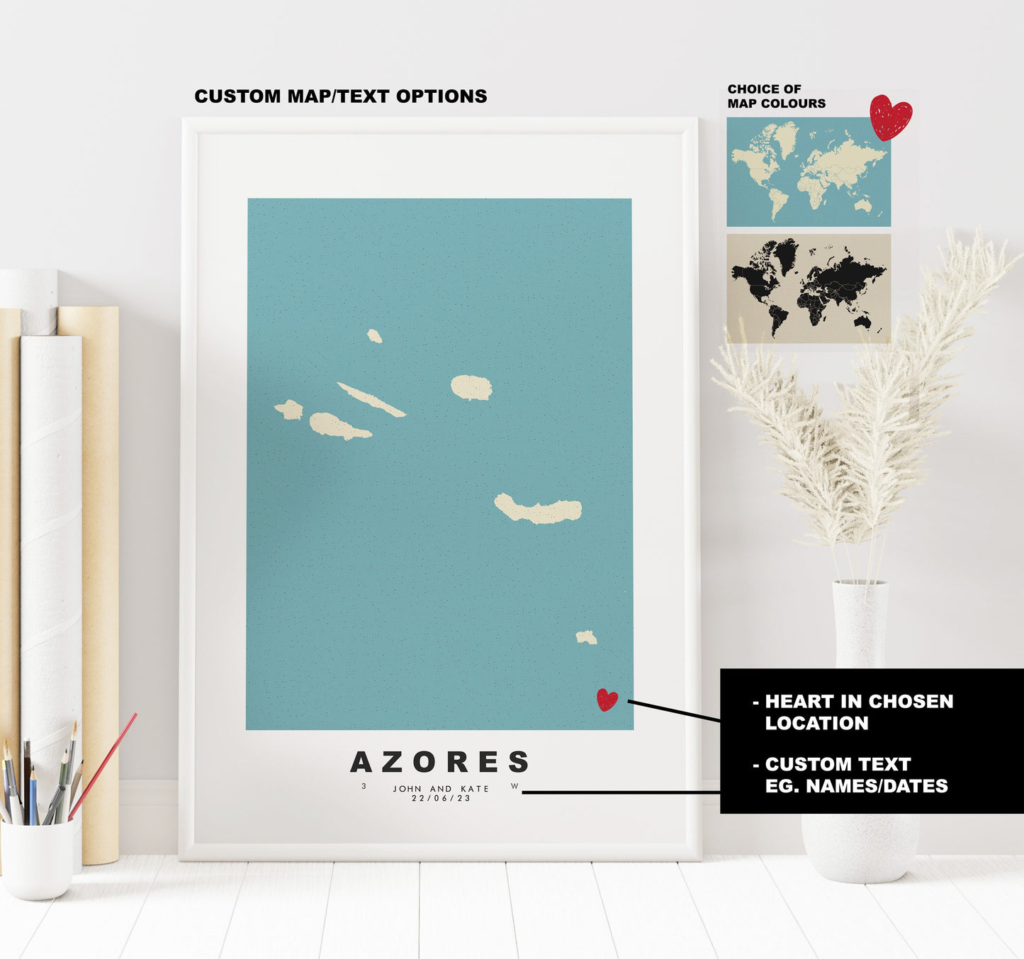 Azores Map Print - Personalised Map Gift - Framed or Canvas Options Available - Custom Text Options - Personalised Gift - Portugal & Islands