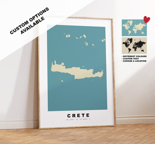 Crete Map Print - Personalised Map Gift - Framed or Canvas Options Available - Custom Text Options - Personalised Gift - Greece & Islands