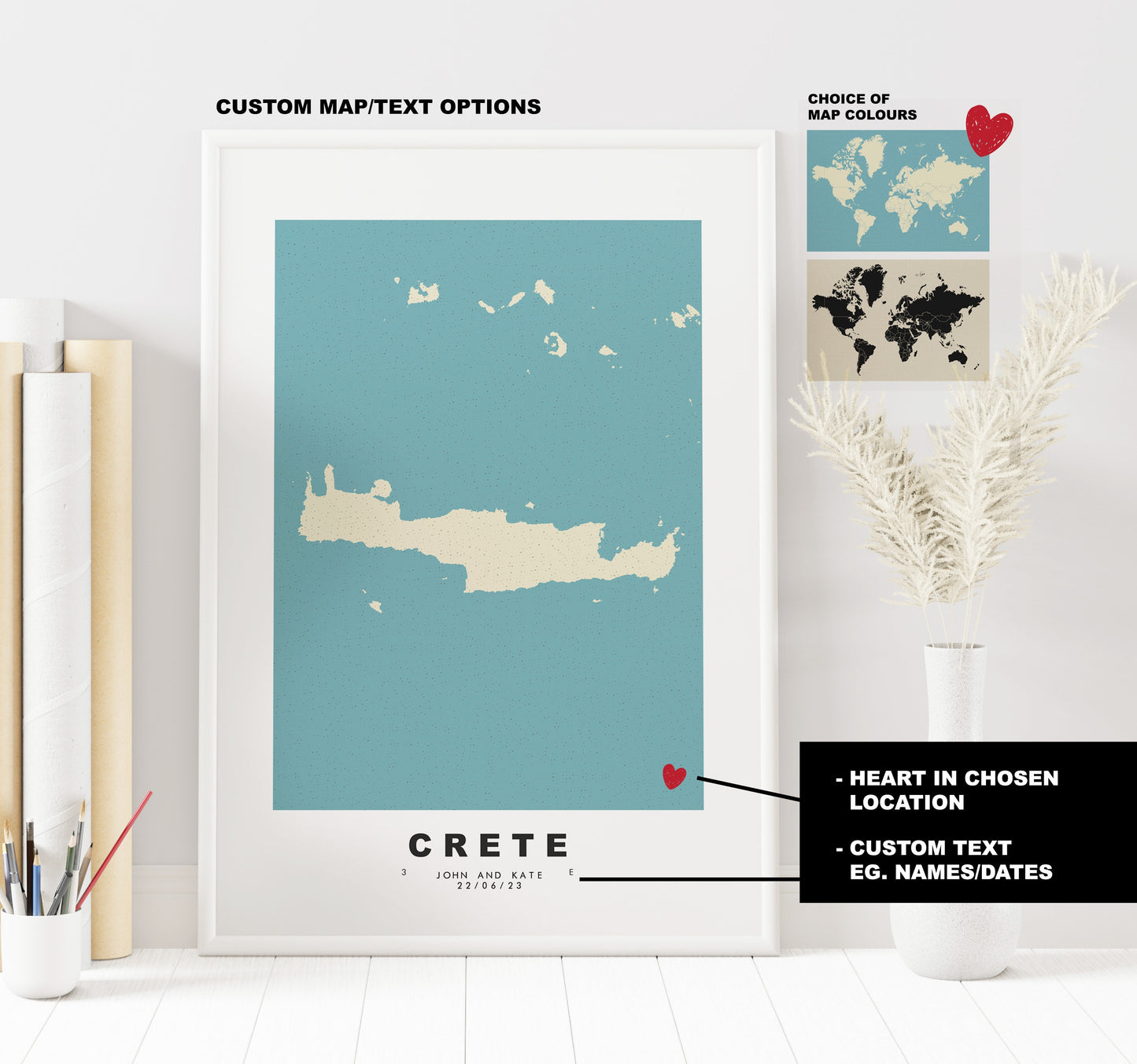 Crete Map Print - Personalised Map Gift - Framed or Canvas Options Available - Custom Text Options - Personalised Gift - Greece & Islands