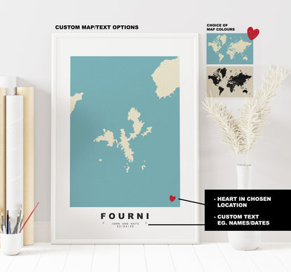 Fourni Map Print - Personalised Map Gift - Framed or Canvas Options Available - Custom Text Options - Personalised Gift - Greece & Islands