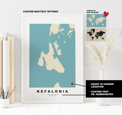 Kefalonia Map Print - Personalised Map Gift - Framed or Canvas Options Available - Custom Text Options - Personalised Gift - Greece & Islands