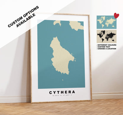 Cythera Map Print - Personalised Map Gift - Framed or Canvas Options Available - Custom Text Options - Personalised Gift - Greece & Islands