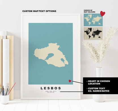 Lesbos Map Print - Personalised Map Gift - Framed or Canvas Options Available - Custom Text Options - Personalised Gift - Greece & Islands