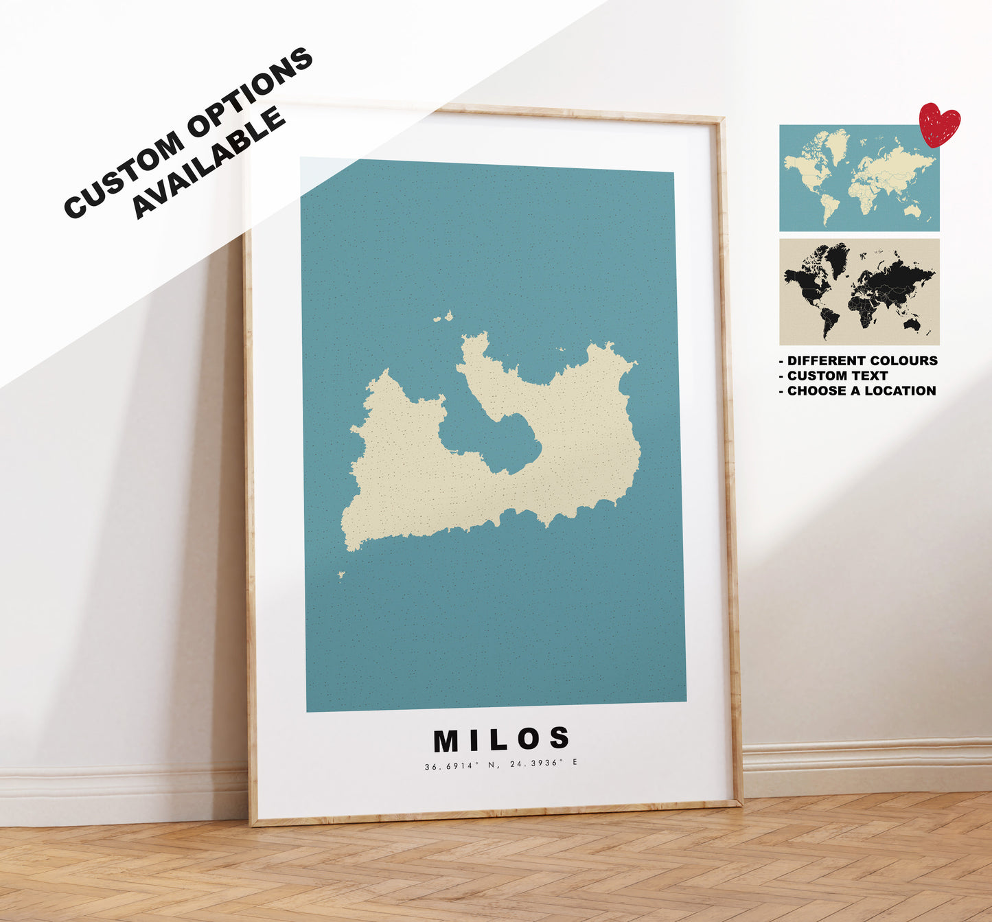 Milos Map Print - Personalised Map Gift - Framed or Canvas Options Available - Custom Text Options - Personalised Gift - Greece & Islands