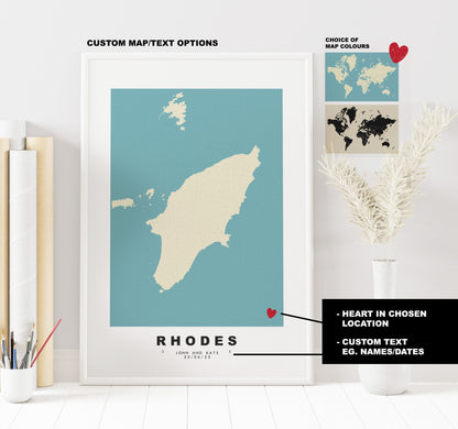 Rhodes Map Print - Personalised Map Gift - Framed or Canvas Options Available - Custom Text Options - Personalised Gift - Greece & Islands