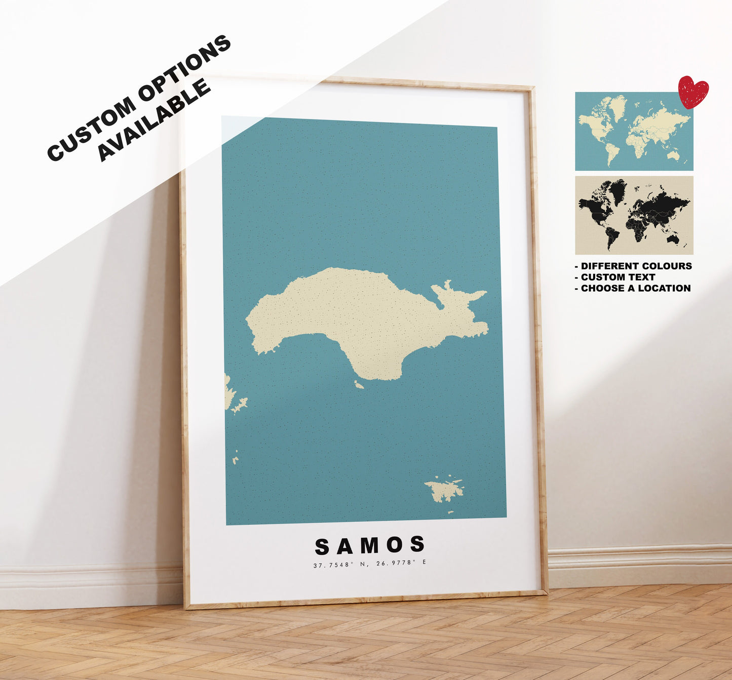 Samos Map Print - Personalised Map Gift - Framed or Canvas Options Available - Custom Text Options - Personalised Gift - Greece & Islands