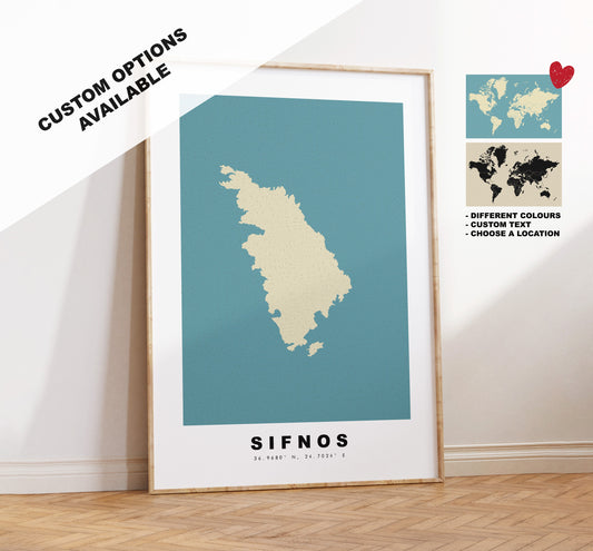 Sifnos Map Print - Personalised Map Gift - Framed or Canvas Options Available - Custom Text Options - Personalised Gift - Greece & Islands