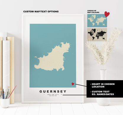 Guernsey Map Print - Personalised Map Gift - Framed or Canvas Options Available - Custom Text Options - Personalised Gift - UK and Counties