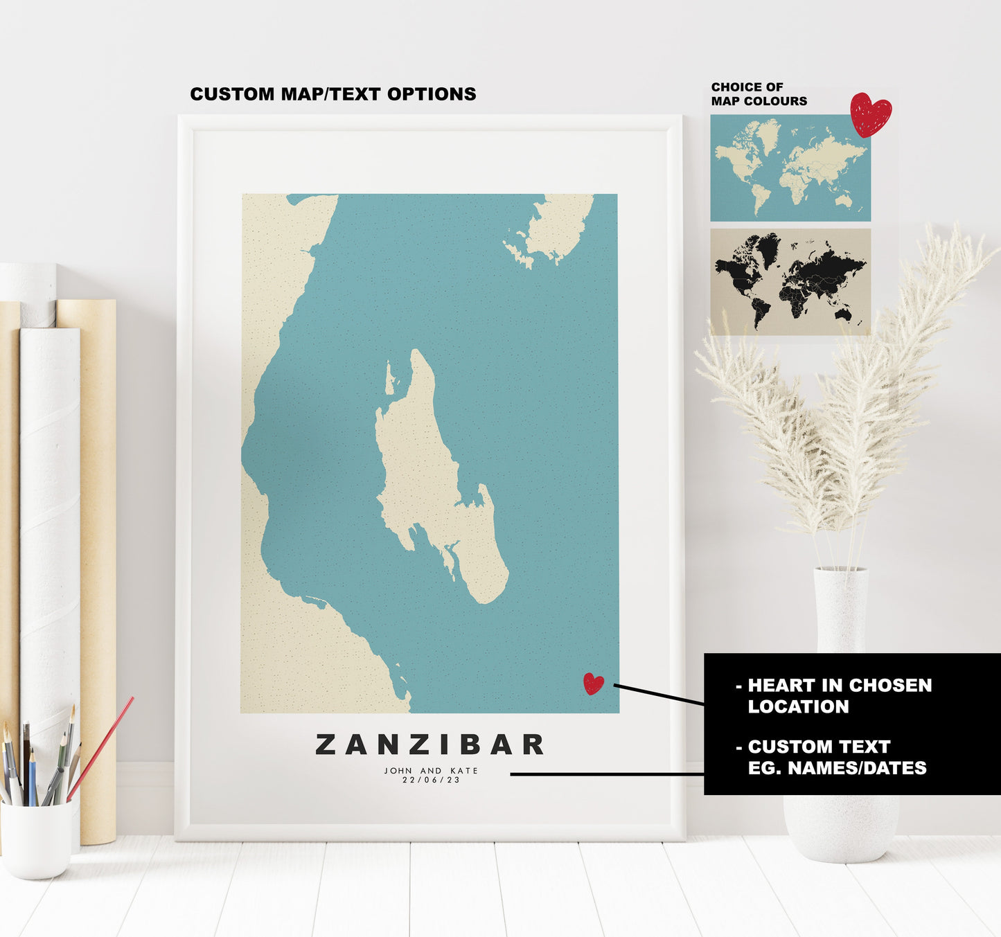 Zanzibar Map Print - Personalised Map Gift - Framed or Canvas Options Available - Custom Text Options - Personalised Gift - Africa