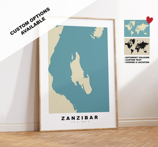 Zanzibar Map Print - Personalised Map Gift - Framed or Canvas Options Available - Custom Text Options - Personalised Gift - Africa